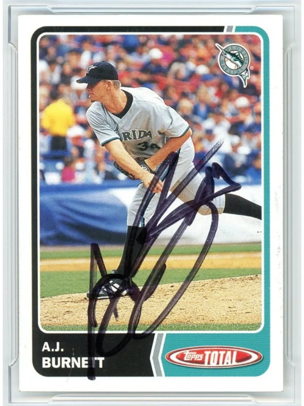 AJ Burnett Signed 2003 Topps Total #56 Marlins Baseball Card Autograph BAS Slab